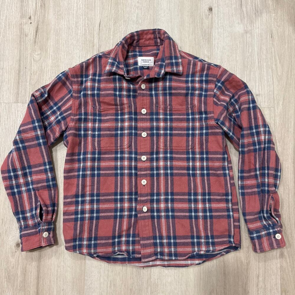 American Eagle Pink Orange Blue Plaid Cotton Button Up Flannel Shirt Size XS